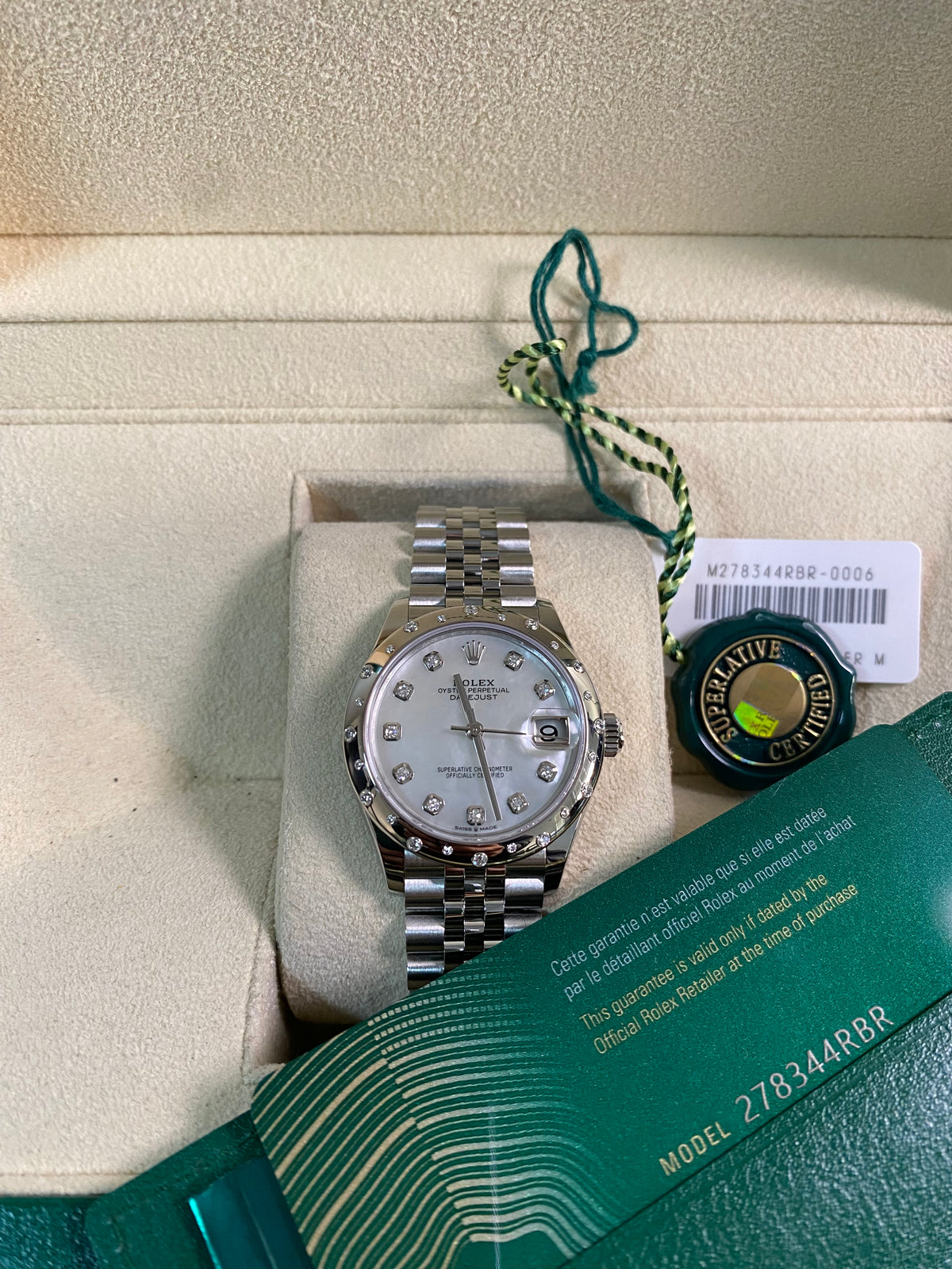 Rolex Steel and White Gold Datejust 31 - 2021 - Domed 24 Diamond Bezel - Mother-Of-Pearl Diamond Dial - Jubilee Bracelet - 278344RBR - *NOS*