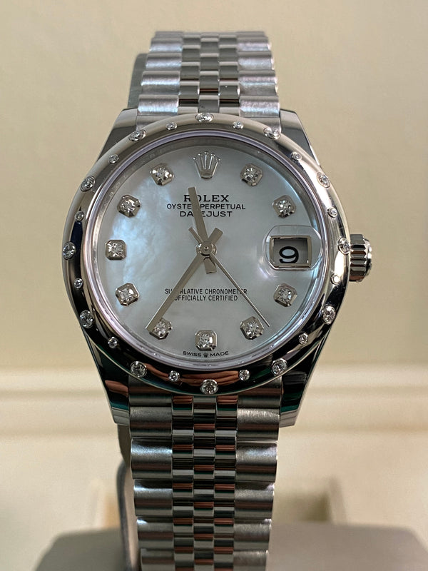 Rolex Steel and White Gold Datejust 31 - 2021 - Domed 24 Diamond Bezel - Mother-Of-Pearl Diamond Dial - Jubilee Bracelet - 278344RBR - *NOS*