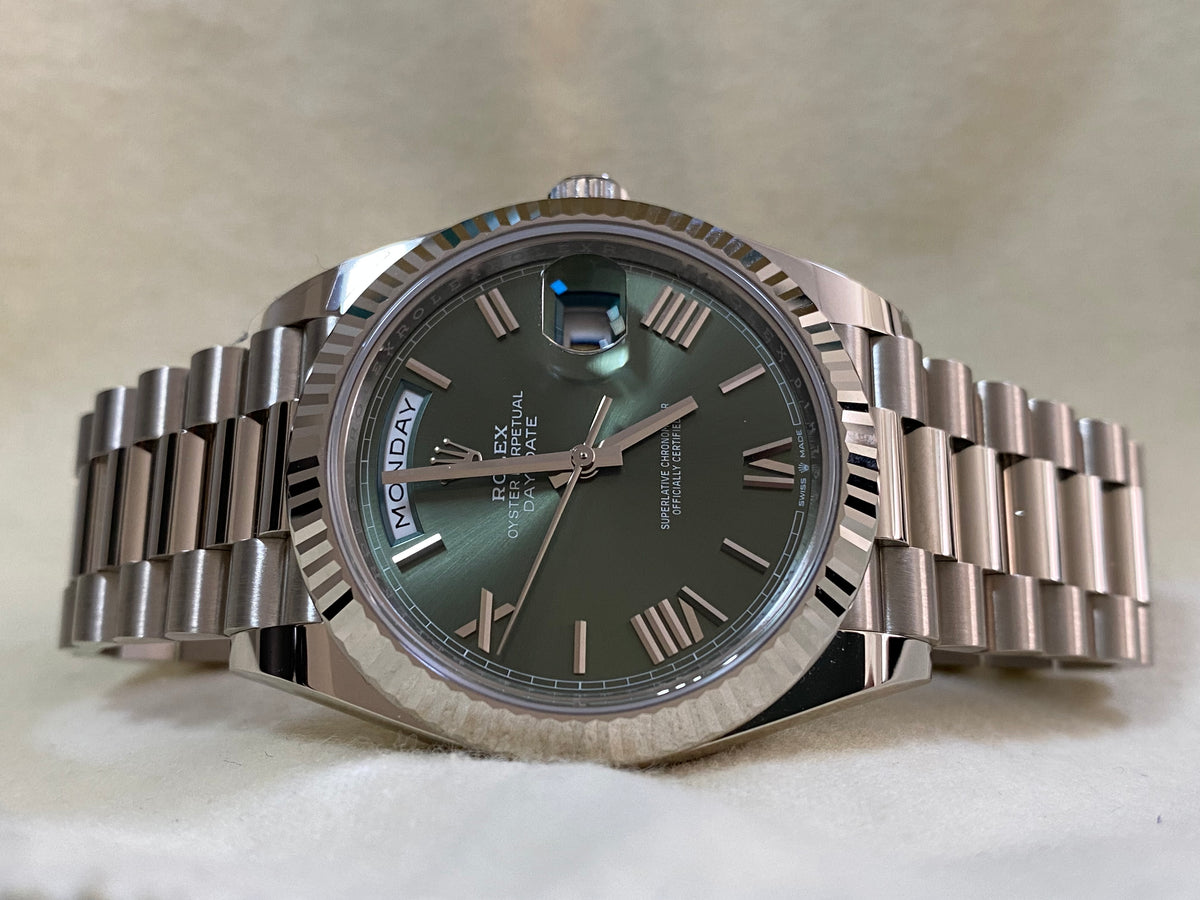 Rolex White Gold Day-Date 40 - 2024 - Fluted Bezel - Olive Green Bevelled Roman Dial - President Bracelet - 228239 *FULL SET*