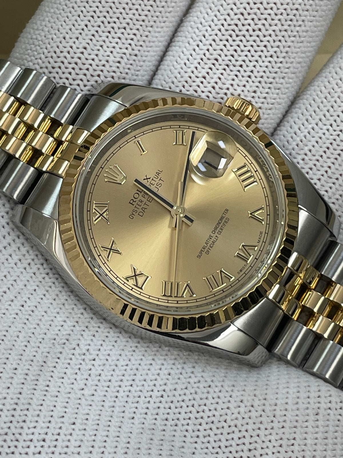 Rolex Steel and Yellow Gold Datejust 36 - 2012 - Fluted Bezel - Champagne Roman Dial - Jubilee Bracelet - 116233