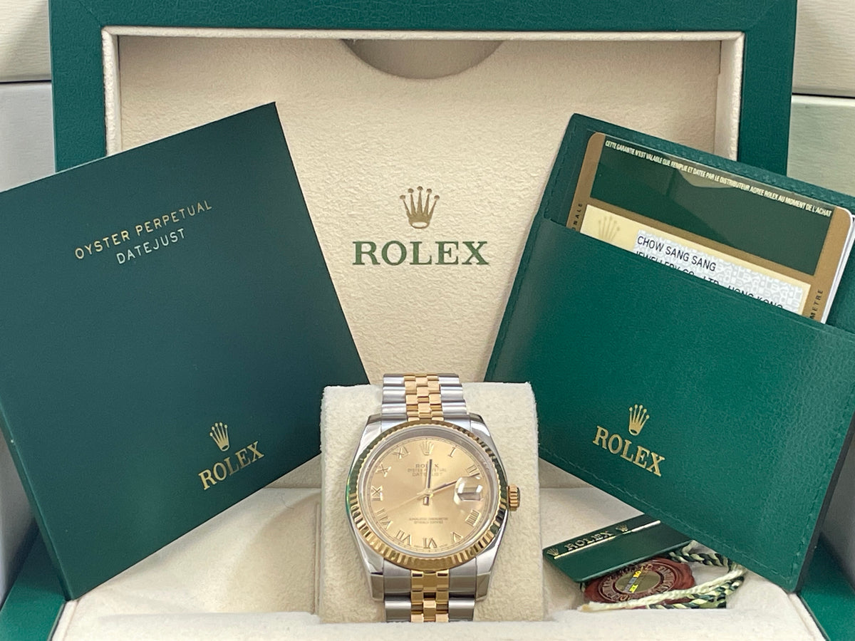 Rolex Steel and Yellow Gold Datejust 36 - 2012 - Fluted Bezel - Champagne Roman Dial - Jubilee Bracelet - 116233