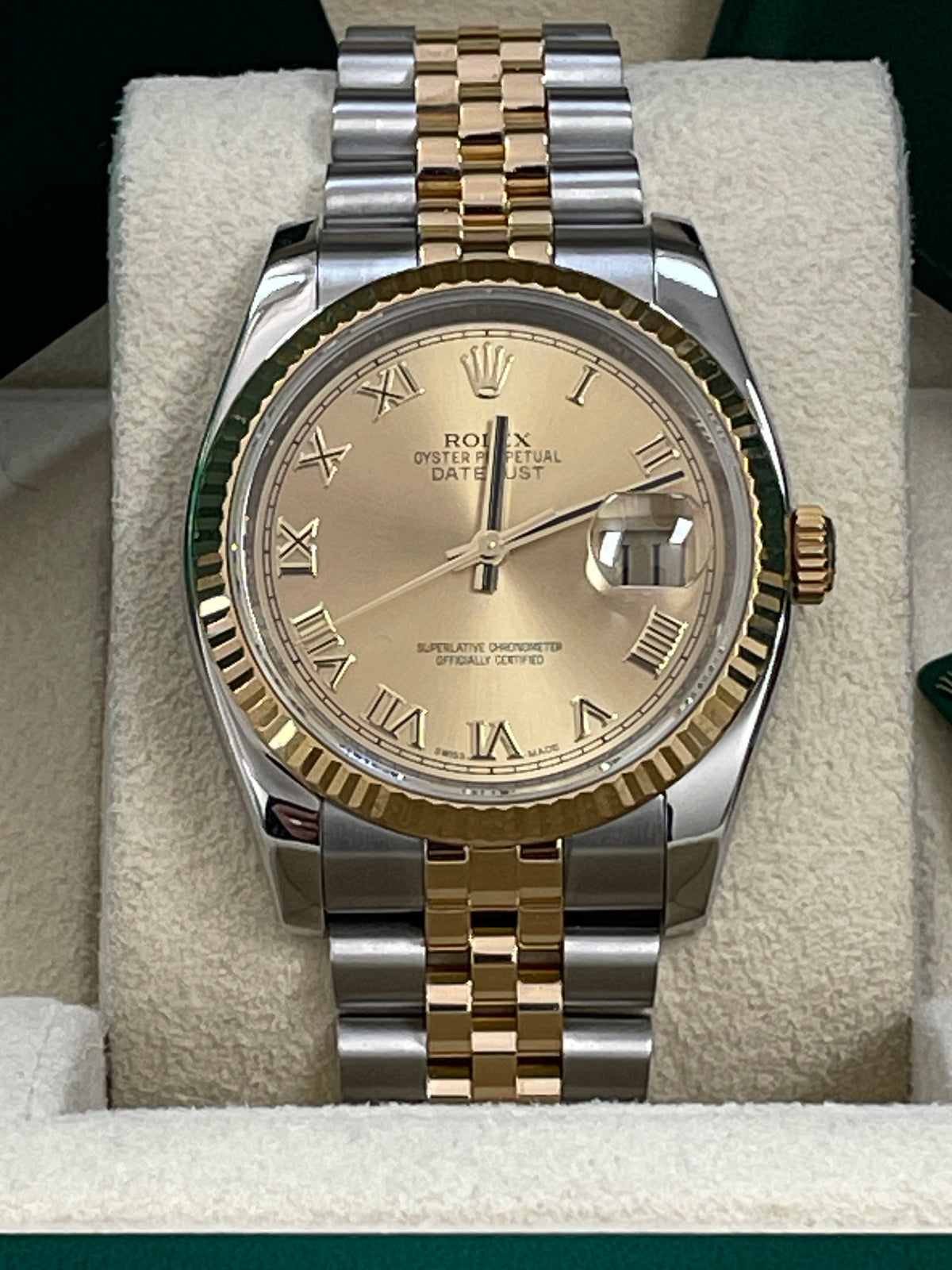 Rolex Steel and Yellow Gold Datejust 36 - 2012 - Fluted Bezel - Champagne Roman Dial - Jubilee Bracelet - 116233