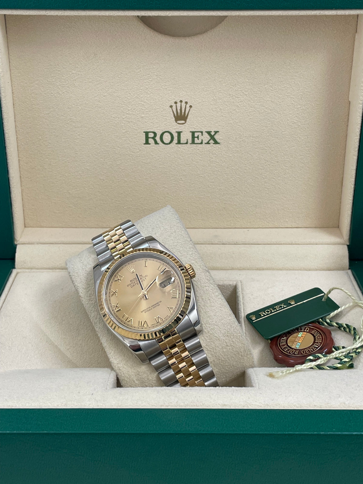 Rolex Steel and Yellow Gold Datejust 36 - 2012 - Fluted Bezel - Champagne Roman Dial - Jubilee Bracelet - 116233