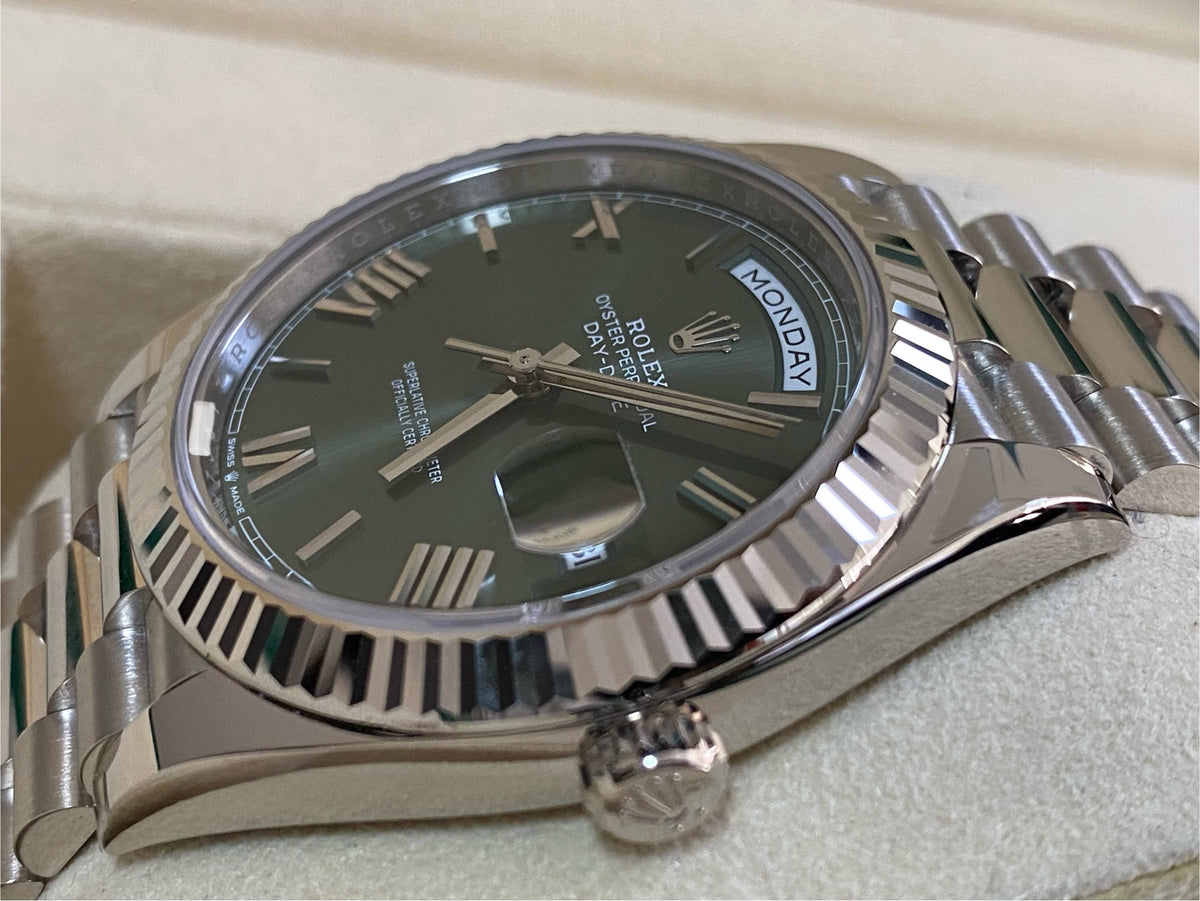 Rolex White Gold Day-Date 40 - 2024 - Fluted Bezel - Olive Green Bevelled Roman Dial - President Bracelet - 228239 *FULL SET*