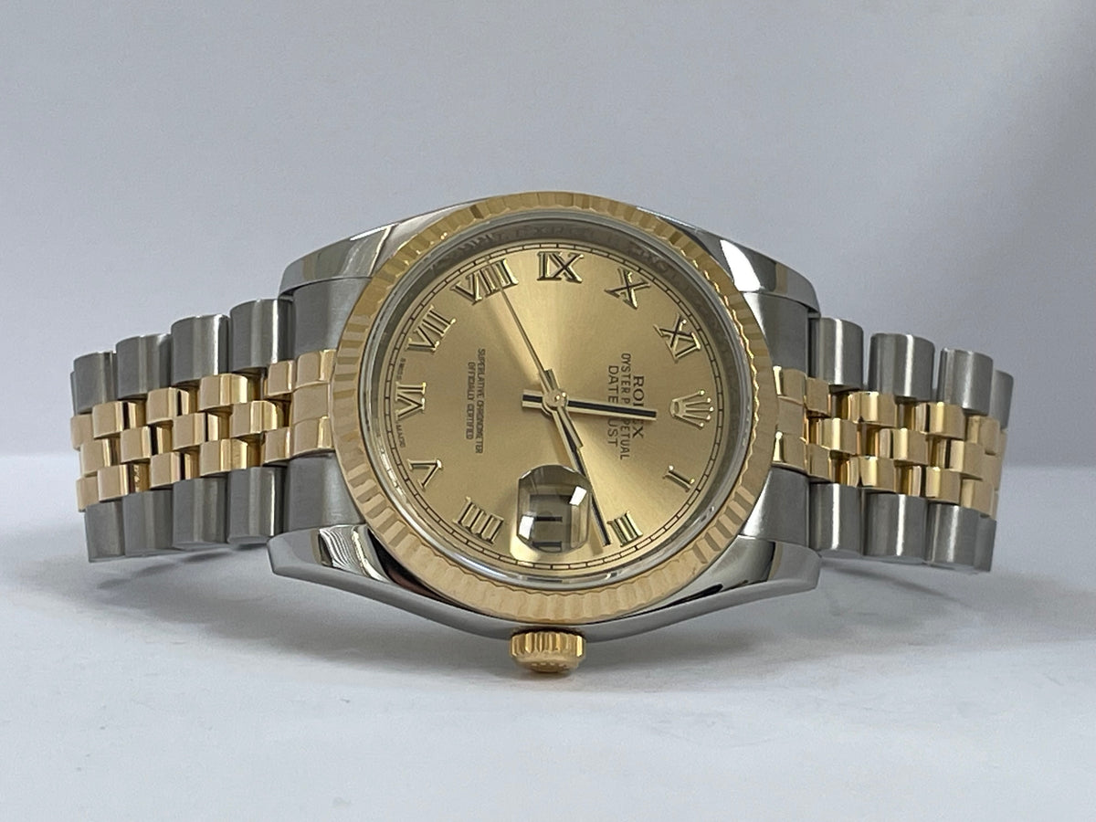 Rolex Steel and Yellow Gold Datejust 36 - 2012 - Fluted Bezel - Champagne Roman Dial - Jubilee Bracelet - 116233