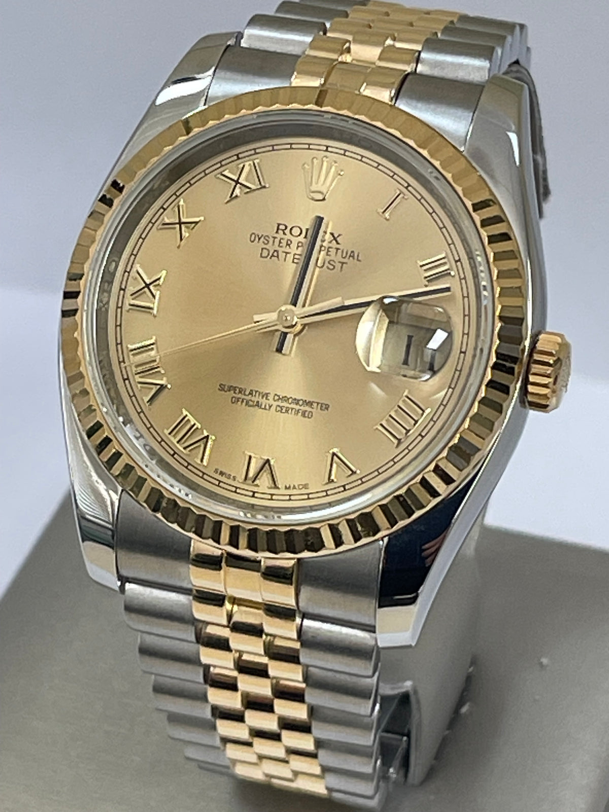 Rolex Steel and Yellow Gold Datejust 36 - 2012 - Fluted Bezel - Champagne Roman Dial - Jubilee Bracelet - 116233