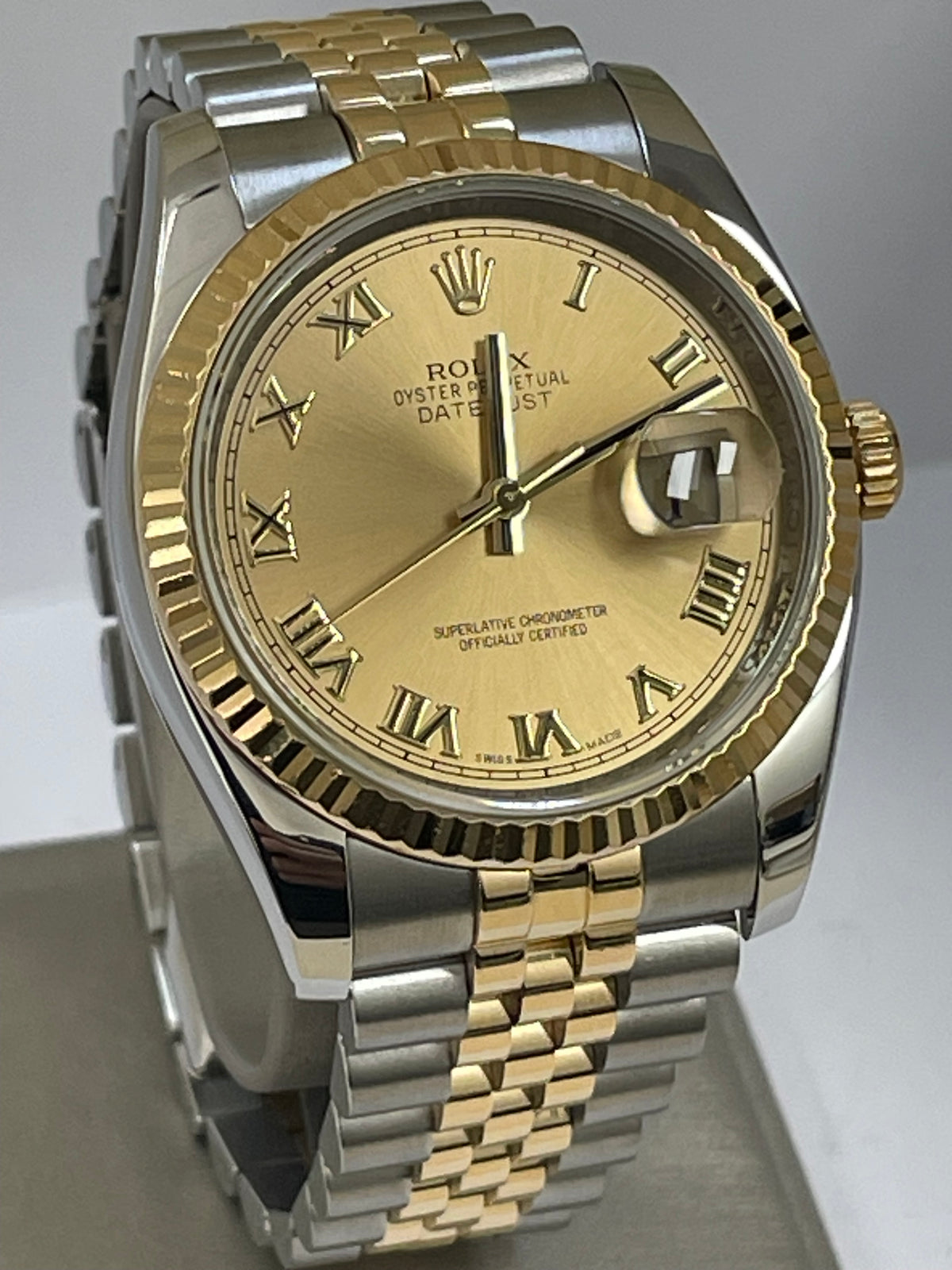 Rolex Steel and Yellow Gold Datejust 36 - 2012 - Fluted Bezel - Champagne Roman Dial - Jubilee Bracelet - 116233