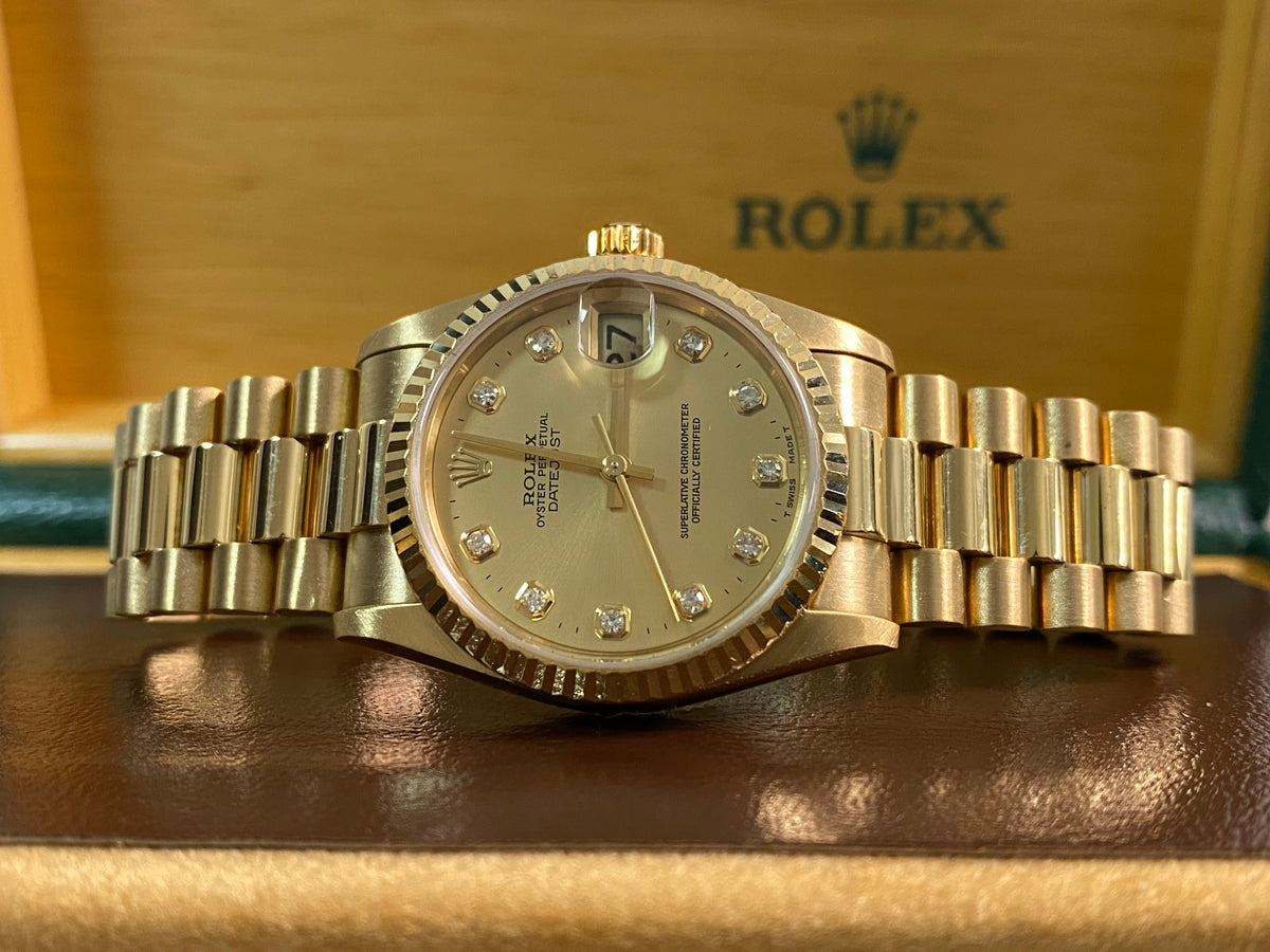 Rolex Yellow Gold Datejust 31 - A serial - Fluted Bezel - Factory Diamond Dial - President Bracelet - 78278