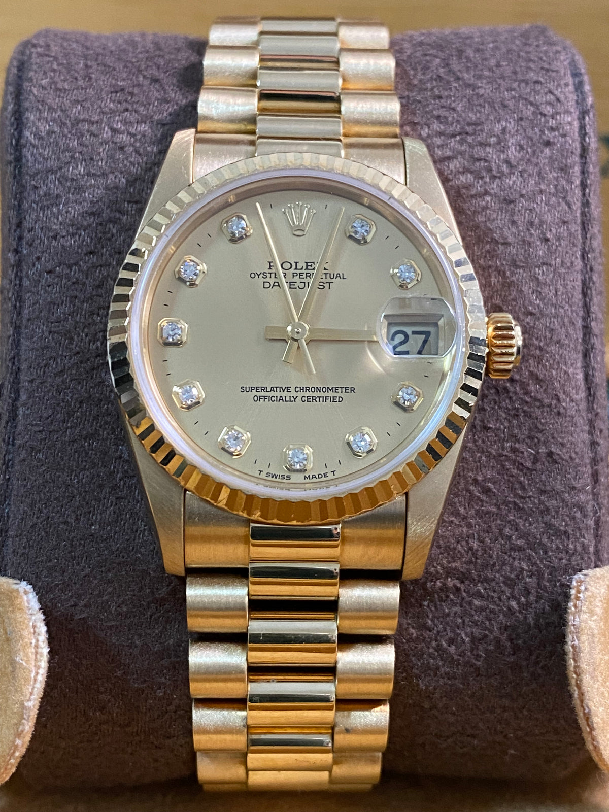 Rolex Yellow Gold Datejust 31 - A serial - Fluted Bezel - Factory Diamond Dial - President Bracelet - 78278