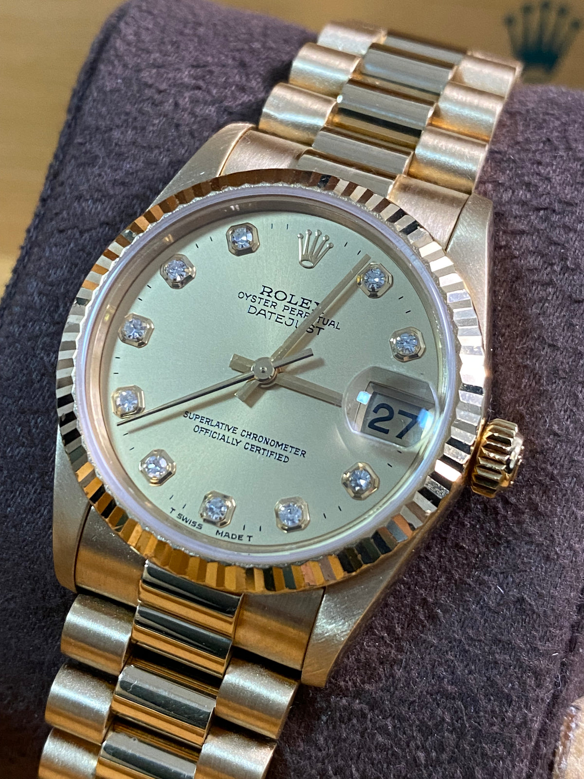 Rolex Yellow Gold Datejust 31 - A serial - Fluted Bezel - Factory Diamond Dial - President Bracelet - 78278