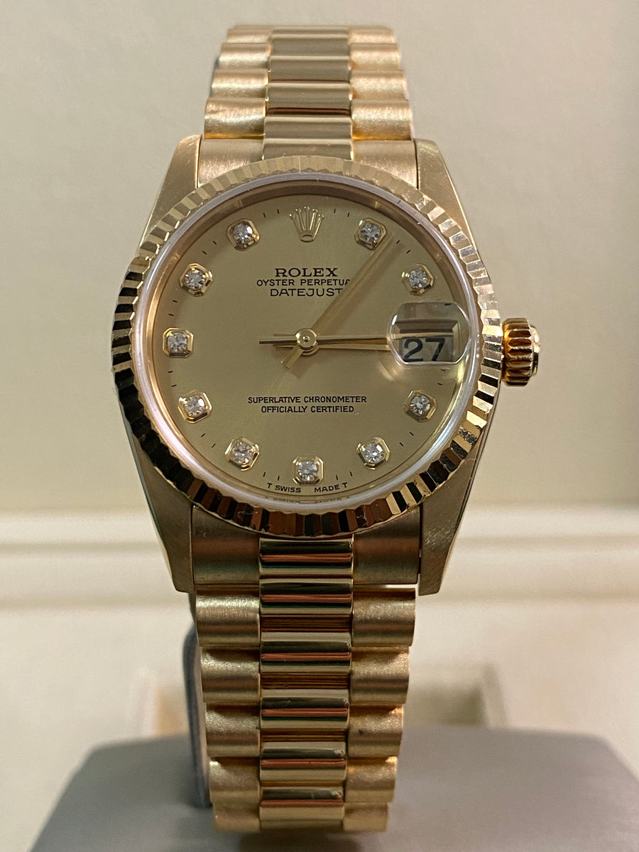 Rolex Yellow Gold Datejust 31 - A serial - Fluted Bezel - Factory Diamond Dial - President Bracelet - 78278