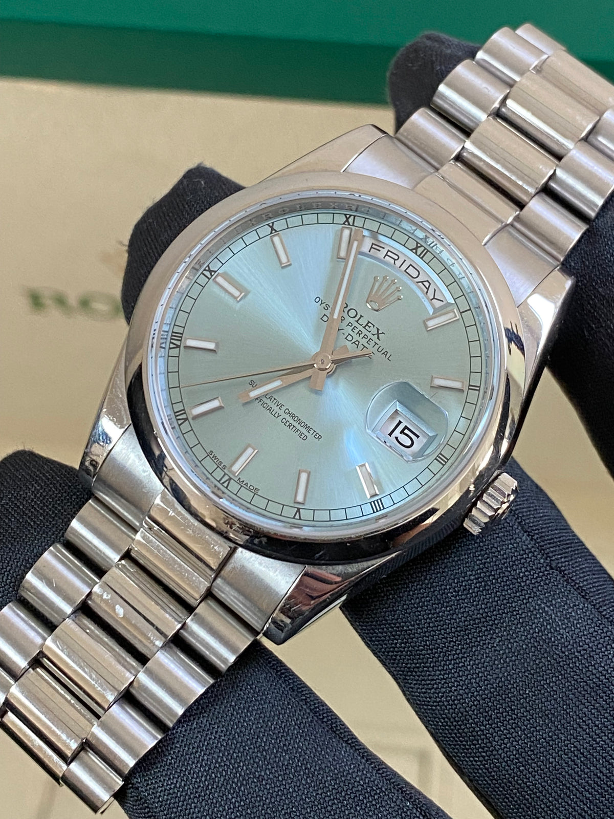 Rolex Platinum Day-Date 36 - 2015 - Domed Bezel - Ice Blue Dial - President Bracelet - 118206 *UNPOLISHED*