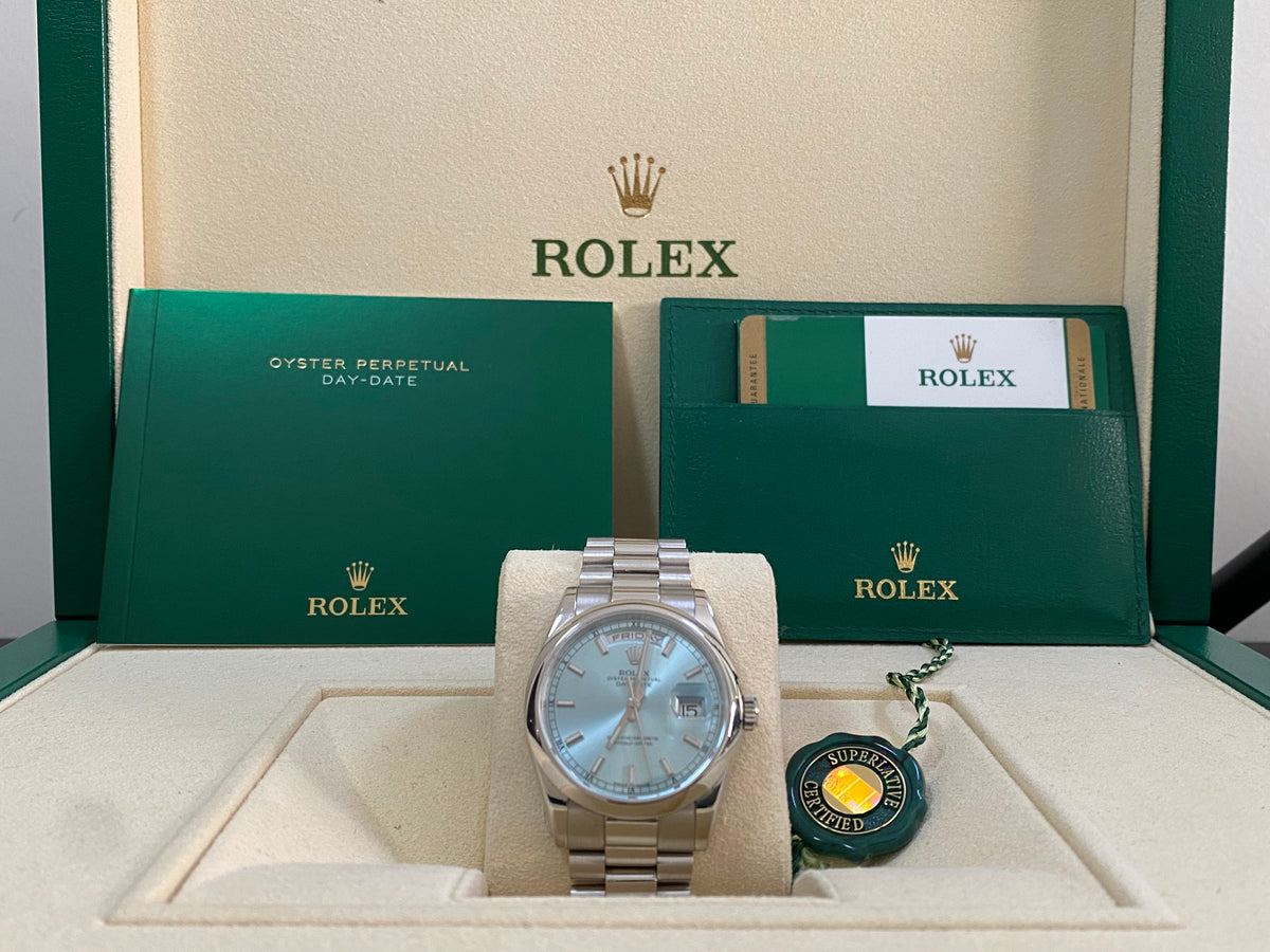 Rolex Platinum Day-Date 36 - 2015 - Domed Bezel - Ice Blue Dial - President Bracelet - 118206 *UNPOLISHED*