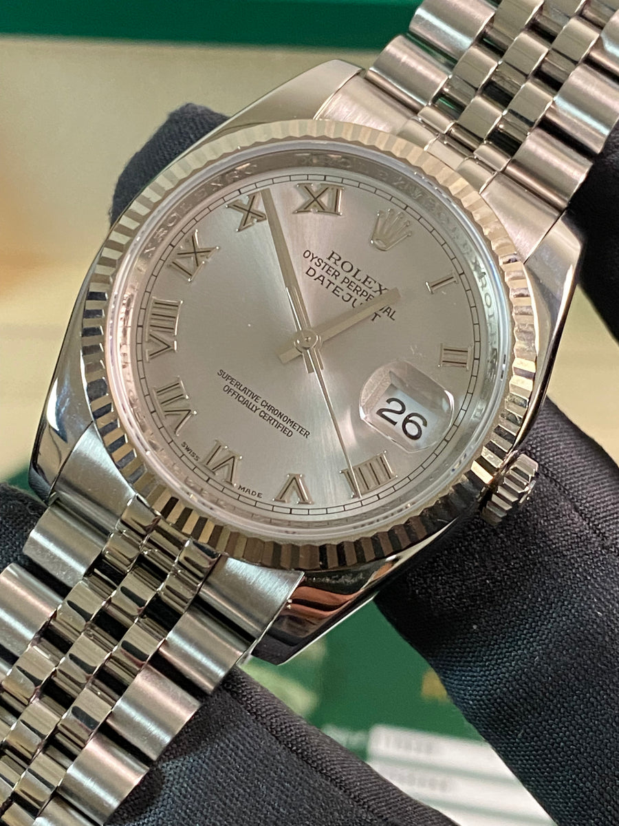 Rolex Steel Datejust 36 - 2012 - Fluted Bezel - Rhodium Roman Dial - Jubilee Bracelet - 116234 *FULL SET*