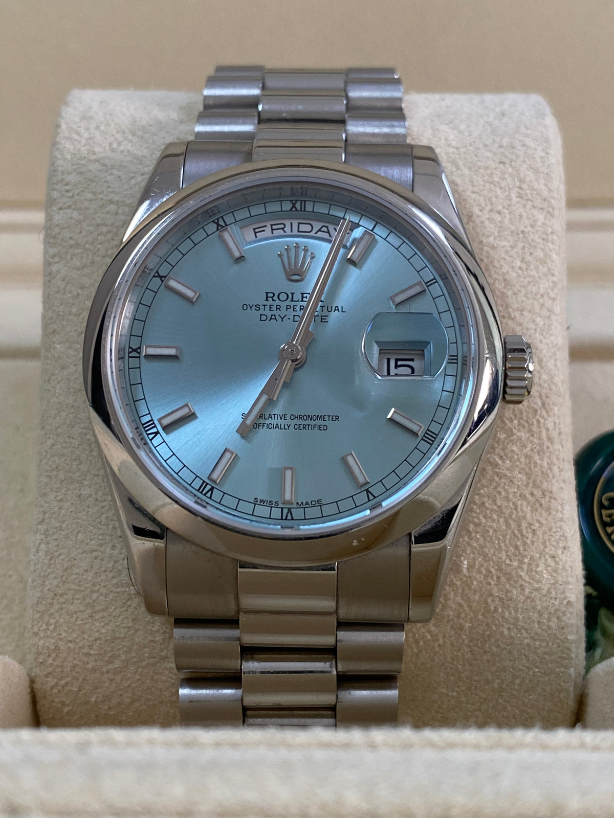 Rolex Platinum Day-Date 36 - 2015 - Domed Bezel - Ice Blue Dial - President Bracelet - 118206 *UNPOLISHED*