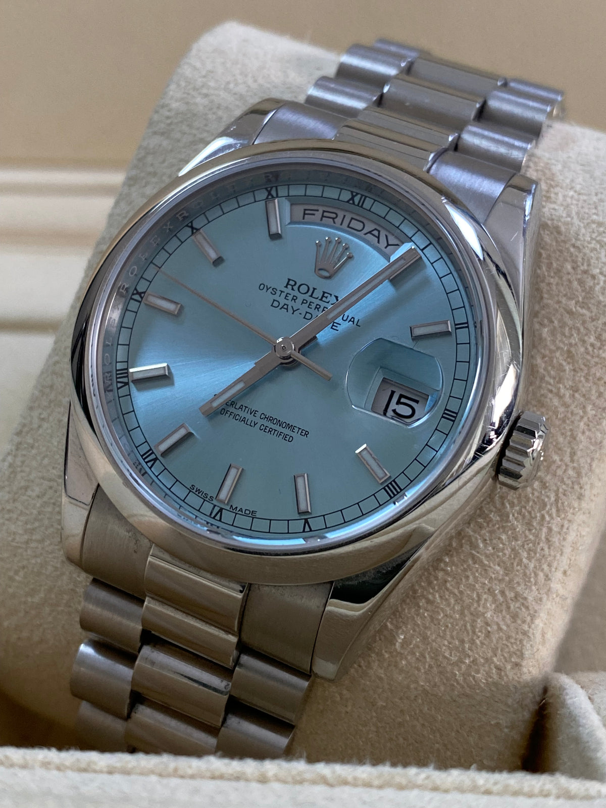 Rolex Platinum Day-Date 36 - 2015 - Domed Bezel - Ice Blue Dial - President Bracelet - 118206 *UNPOLISHED*