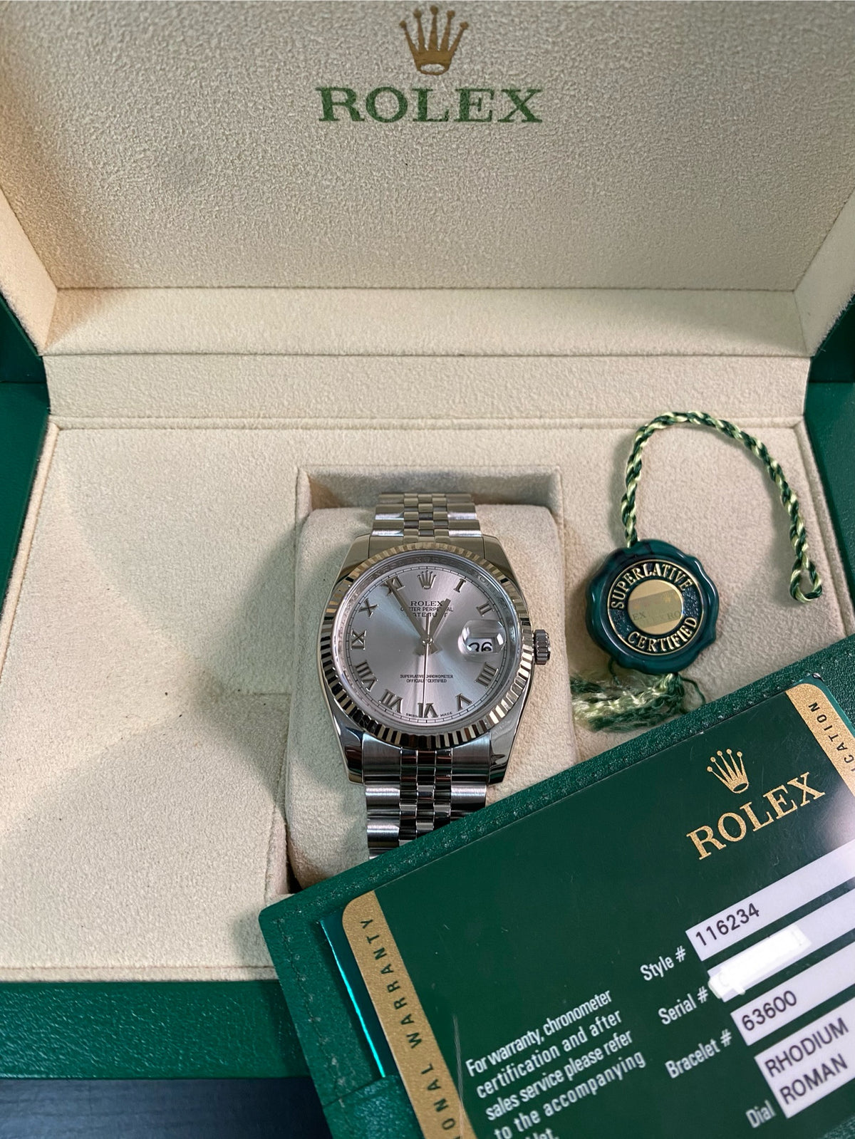 Rolex Steel Datejust 36 - 2012 - Fluted Bezel - Rhodium Roman Dial - Jubilee Bracelet - 116234 *FULL SET*