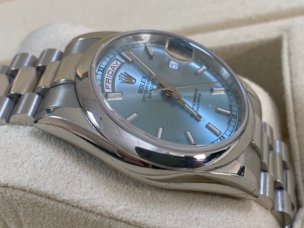 Rolex Platinum Day-Date 36 - 2015 - Domed Bezel - Ice Blue Dial - President Bracelet - 118206 *UNPOLISHED*