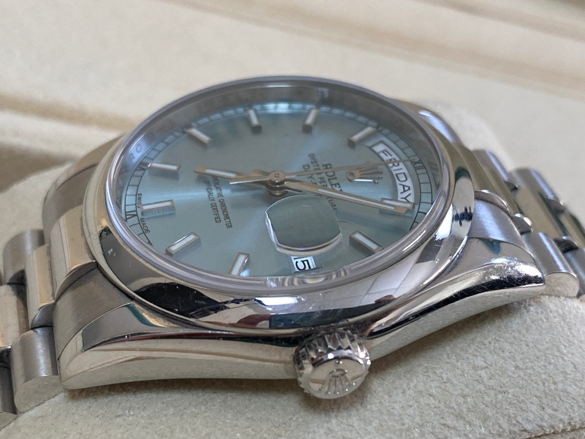 Rolex Platinum Day-Date 36 - 2015 - Domed Bezel - Ice Blue Dial - President Bracelet - 118206 *UNPOLISHED*