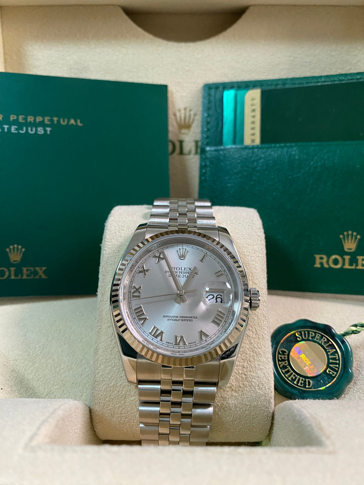 Rolex Steel Datejust 36 - 2012 - Fluted Bezel - Rhodium Roman Dial - Jubilee Bracelet - 116234 *FULL SET*