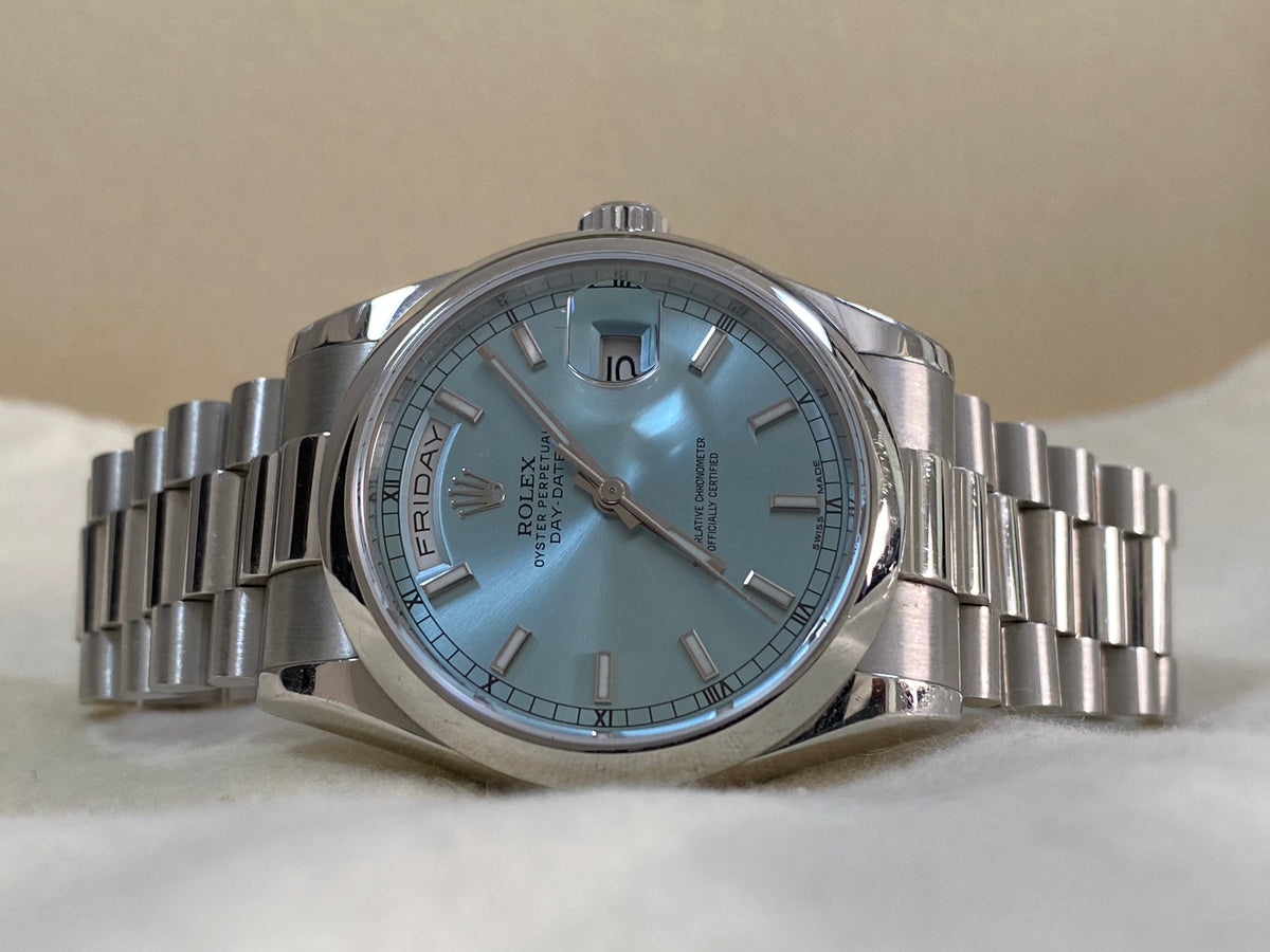 Rolex Platinum Day-Date 36 - 2015 - Domed Bezel - Ice Blue Dial - President Bracelet - 118206 *UNPOLISHED*