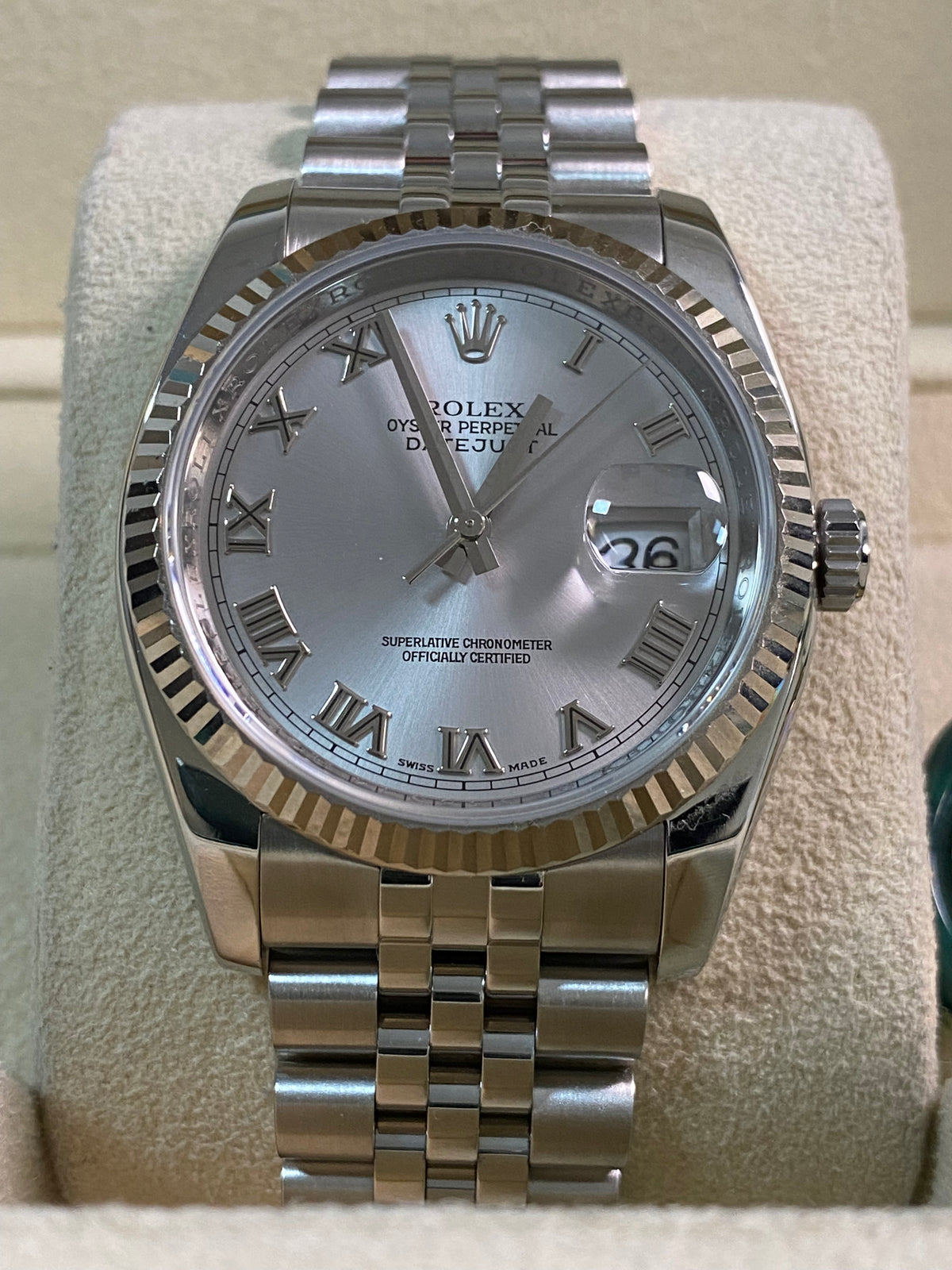 Rolex Steel Datejust 36 - 2012 - Fluted Bezel - Rhodium Roman Dial - Jubilee Bracelet - 116234 *FULL SET*