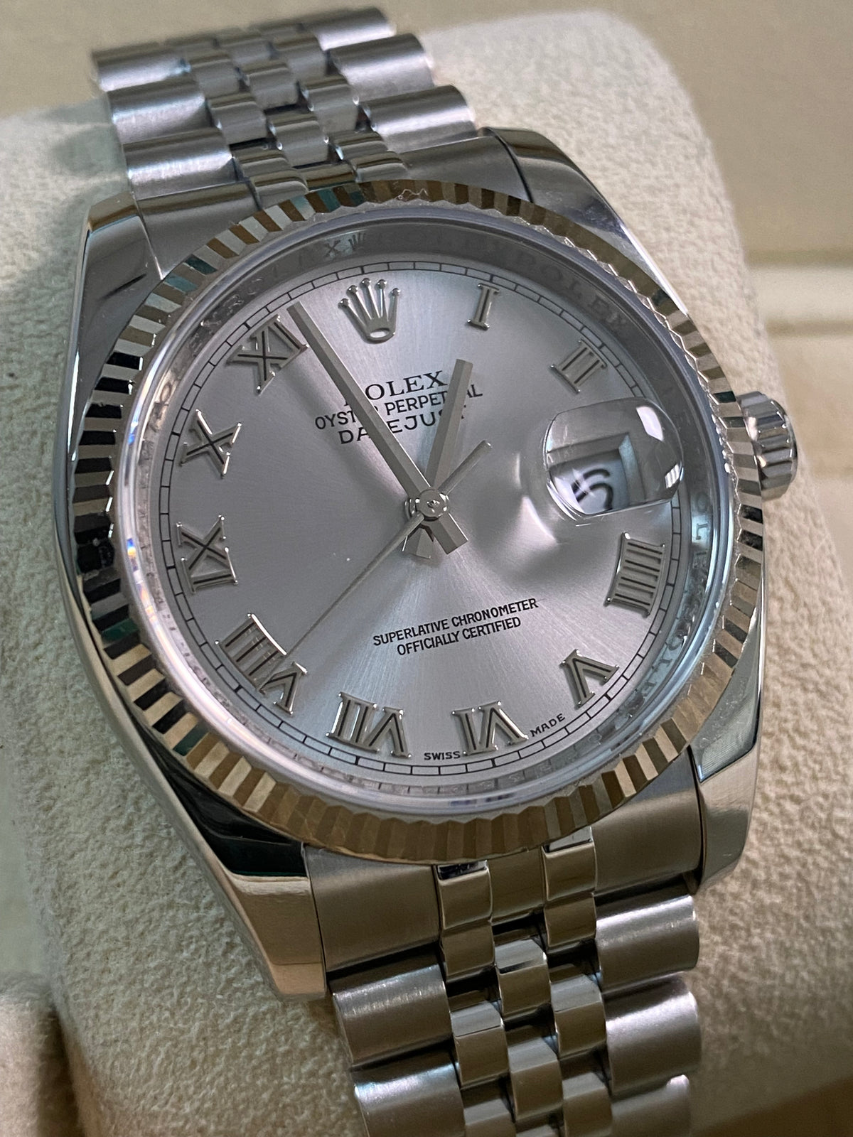 Rolex Steel Datejust 36 - 2012 - Fluted Bezel - Rhodium Roman Dial - Jubilee Bracelet - 116234 *FULL SET*