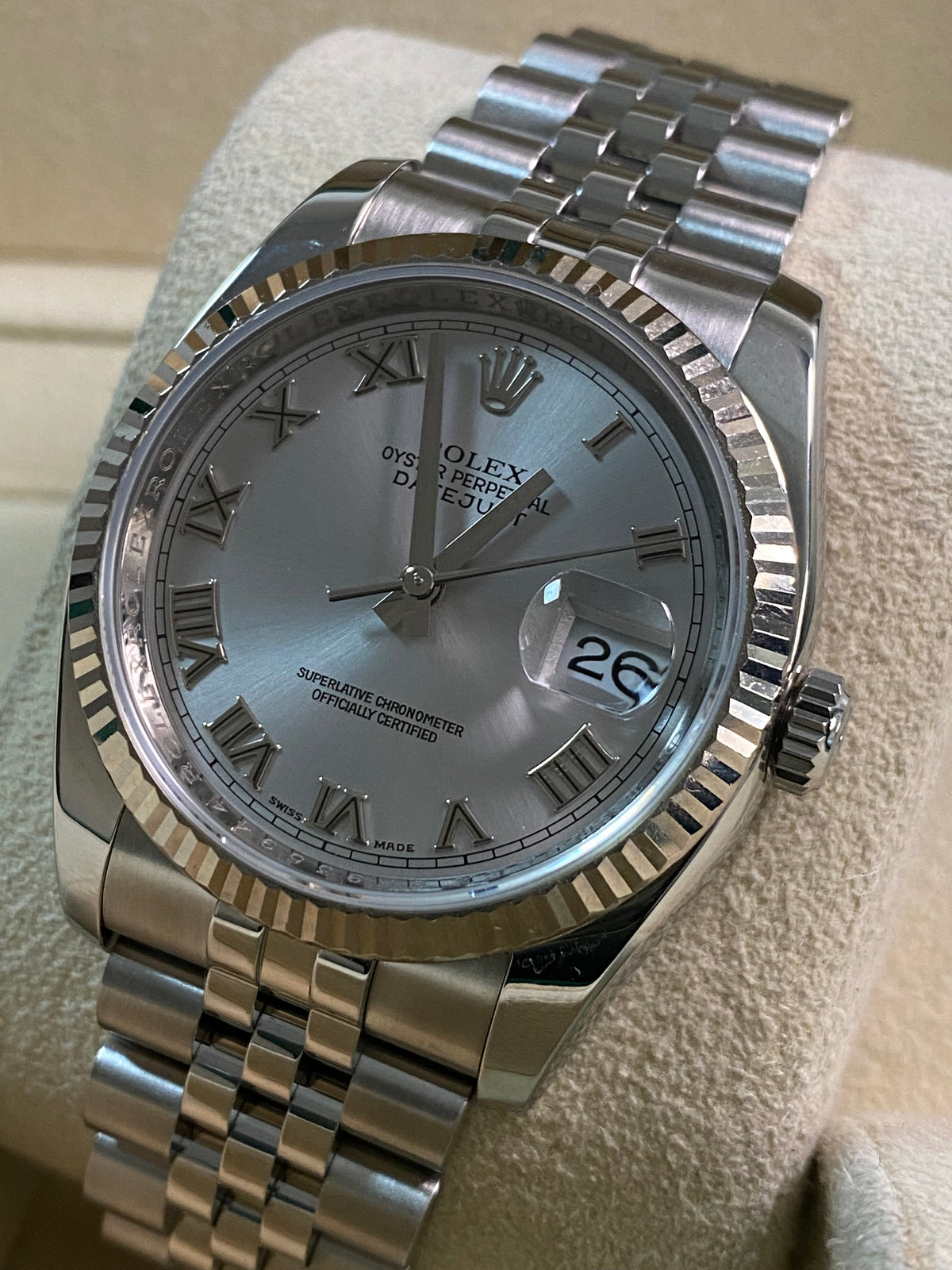 Rolex Steel Datejust 36 - 2012 - Fluted Bezel - Rhodium Roman Dial - Jubilee Bracelet - 116234 *FULL SET*