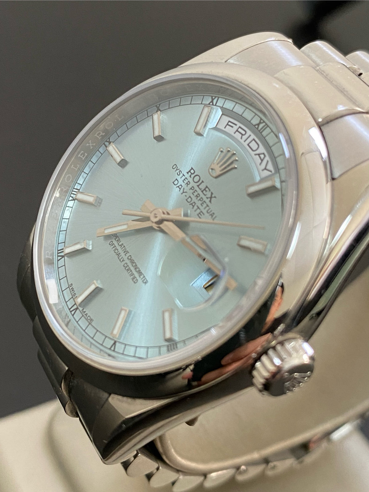 Rolex Platinum Day-Date 36 - 2015 - Domed Bezel - Ice Blue Dial - President Bracelet - 118206 *UNPOLISHED*