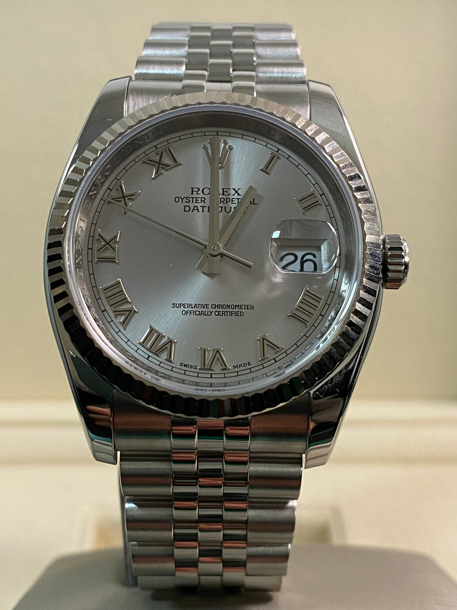 Rolex Steel Datejust 36 - 2012 - Fluted Bezel - Rhodium Roman Dial - Jubilee Bracelet - 116234 *FULL SET*