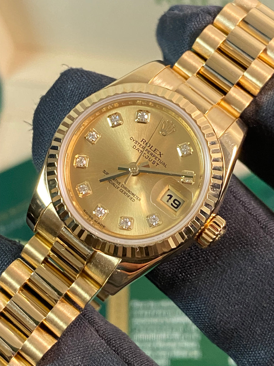 Rolex Yellow Gold Lady-Datejust - 2010 - Fluted Bezel - Factory Diamond Dial - President Bracelet - 179178 *FULLS SET*