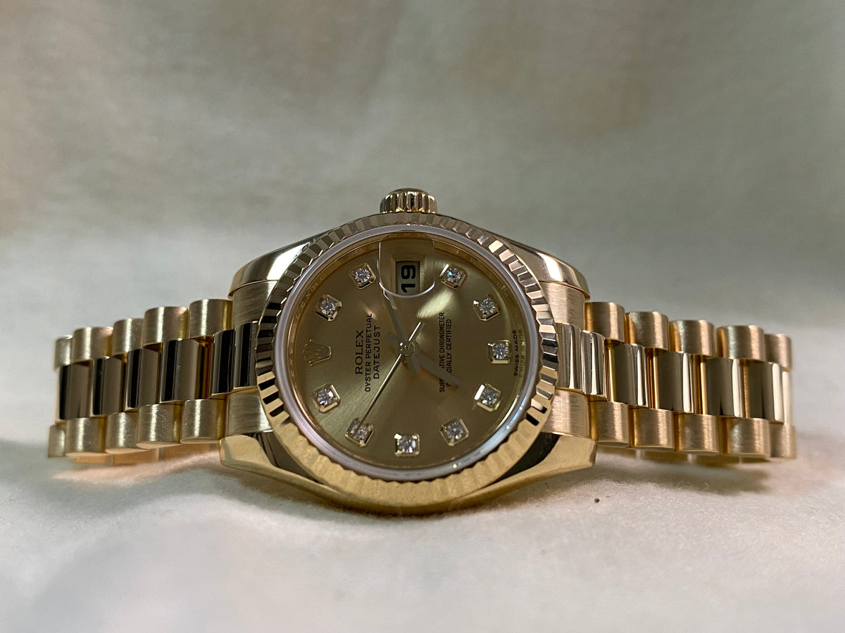 Rolex Yellow Gold Lady-Datejust - 2010 - Fluted Bezel - Factory Diamond Dial - President Bracelet - 179178 *FULLS SET*