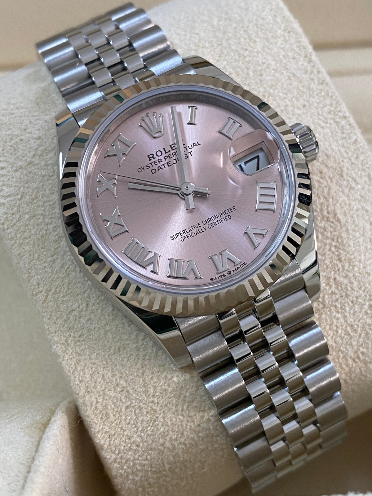 Rolex Steel and White Gold Datejust 31 - 2024 - Fluted Bezel - Pink Roman Dial - Jubilee Bracelet - 278274 *FULL SET*