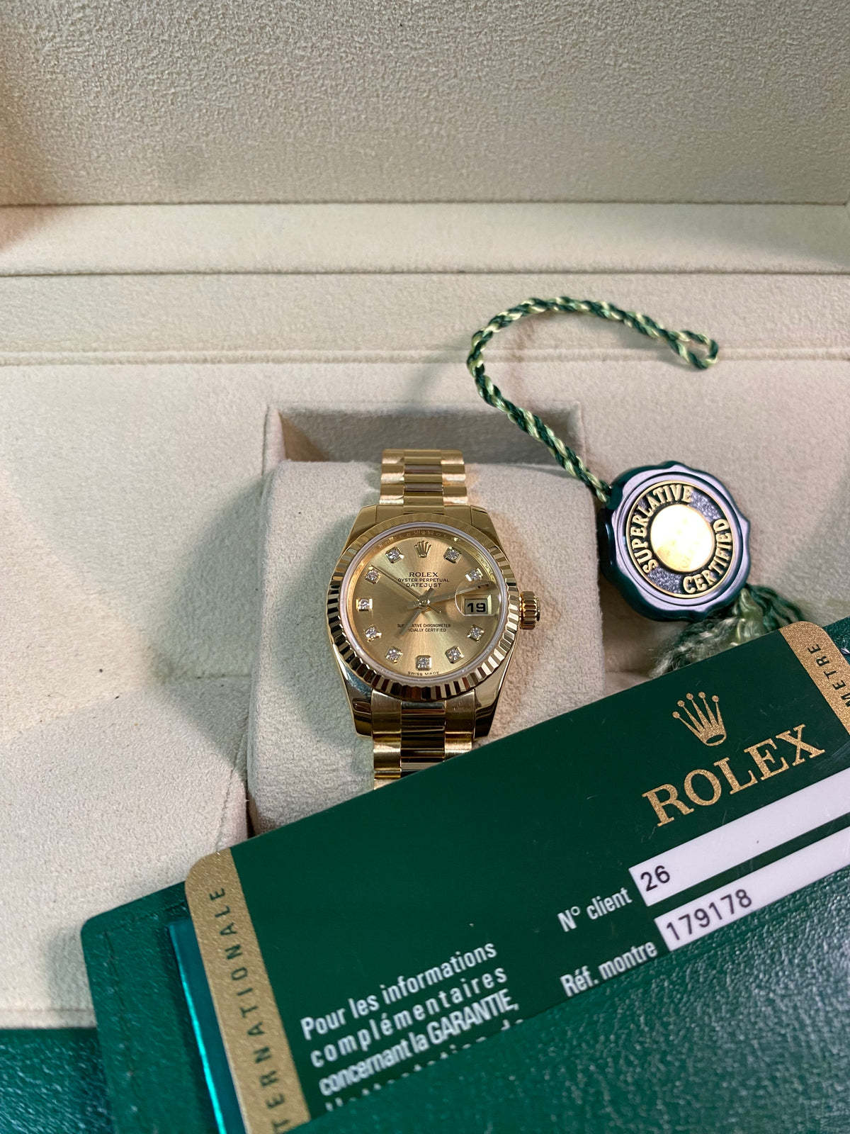 Rolex Yellow Gold Lady-Datejust - 2010 - Fluted Bezel - Factory Diamond Dial - President Bracelet - 179178 *FULLS SET*