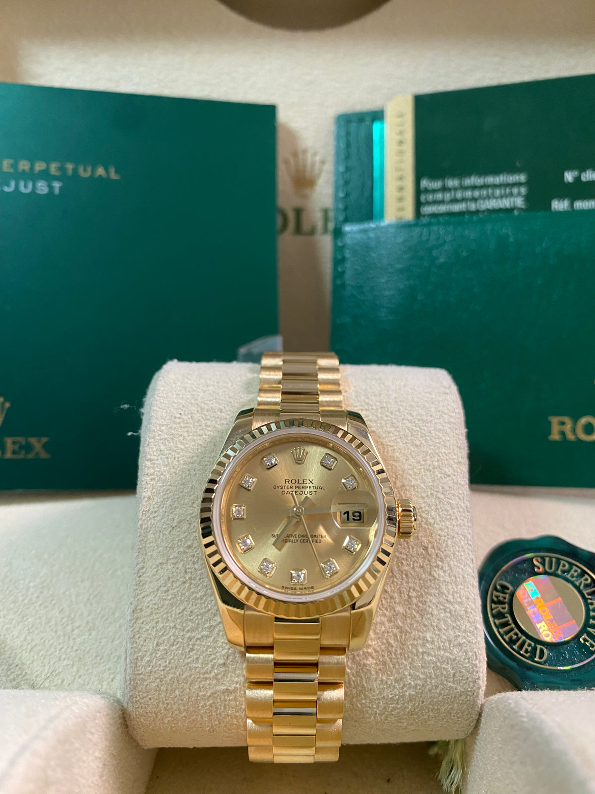 Rolex Yellow Gold Lady-Datejust - 2010 - Fluted Bezel - Factory Diamond Dial - President Bracelet - 179178 *FULLS SET*