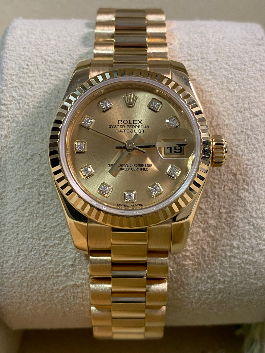 Rolex Yellow Gold Lady-Datejust - 2010 - Fluted Bezel - Factory Diamond Dial - President Bracelet - 179178 *FULLS SET*