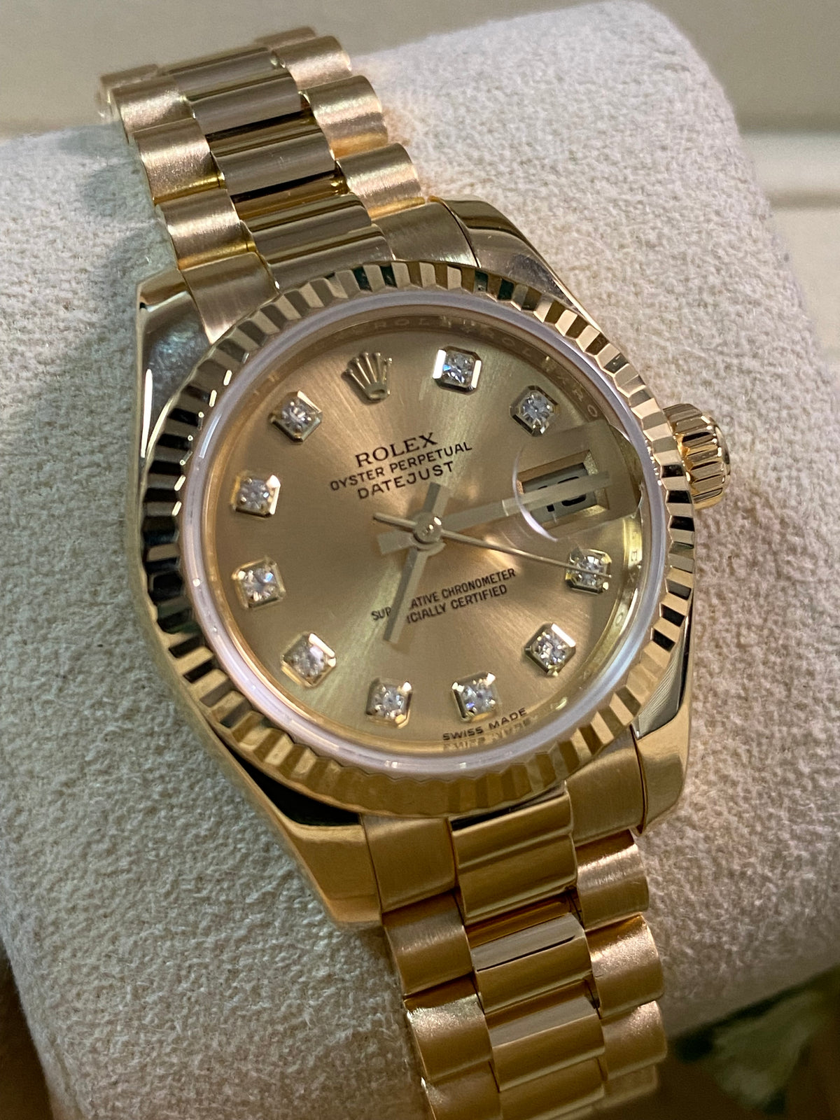 Rolex Yellow Gold Lady-Datejust - 2010 - Fluted Bezel - Factory Diamond Dial - President Bracelet - 179178 *FULLS SET*