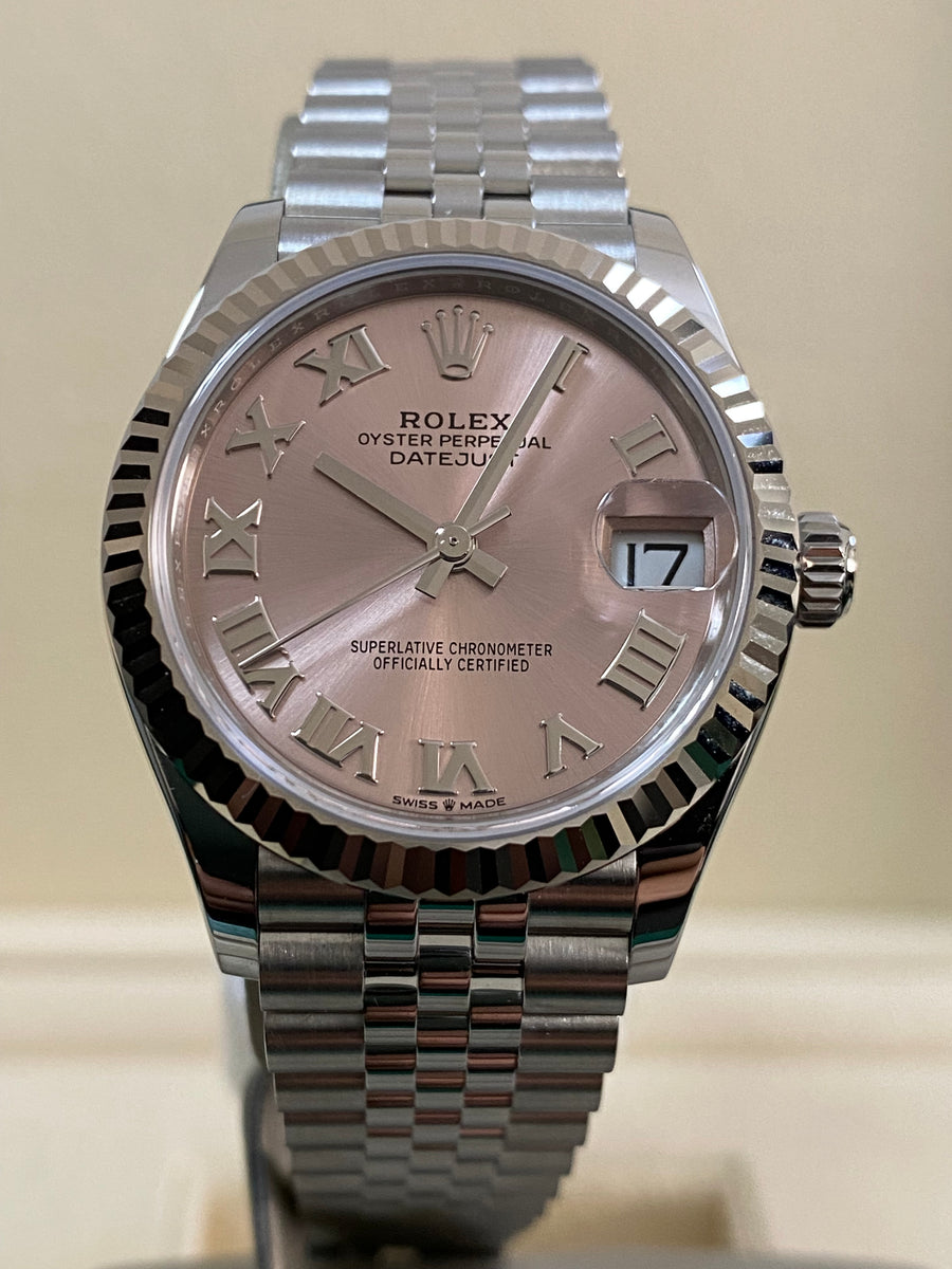 Rolex Steel and White Gold Datejust 31 - 2024 - Fluted Bezel - Pink Roman Dial - Jubilee Bracelet - 278274 *FULL SET*