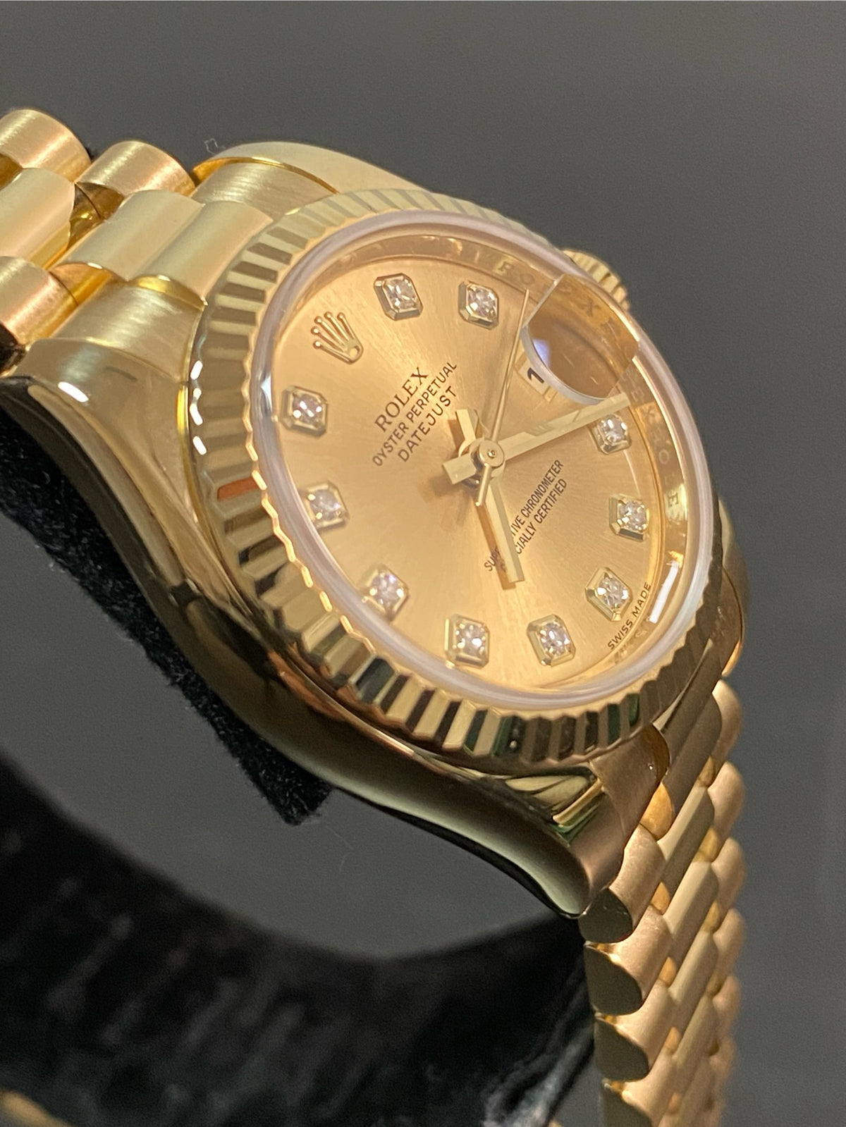 Rolex Yellow Gold Lady-Datejust - 2010 - Fluted Bezel - Factory Diamond Dial - President Bracelet - 179178 *FULLS SET*