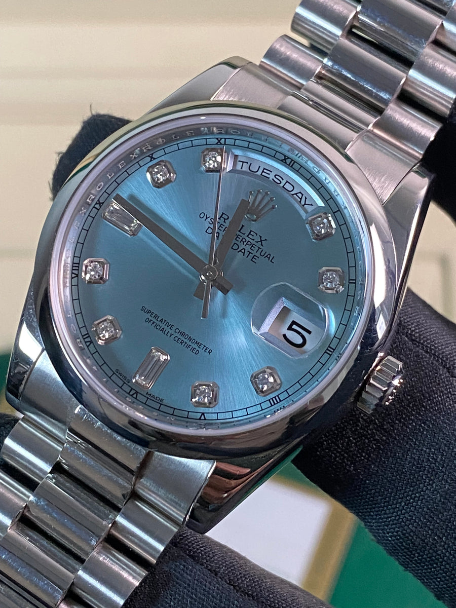 Rolex Platinum Day-Date 36 - M serial - Domed Bezel - Ice Blue Diamond Dial - President Bracelet - 118206 *UNPOLISHED*