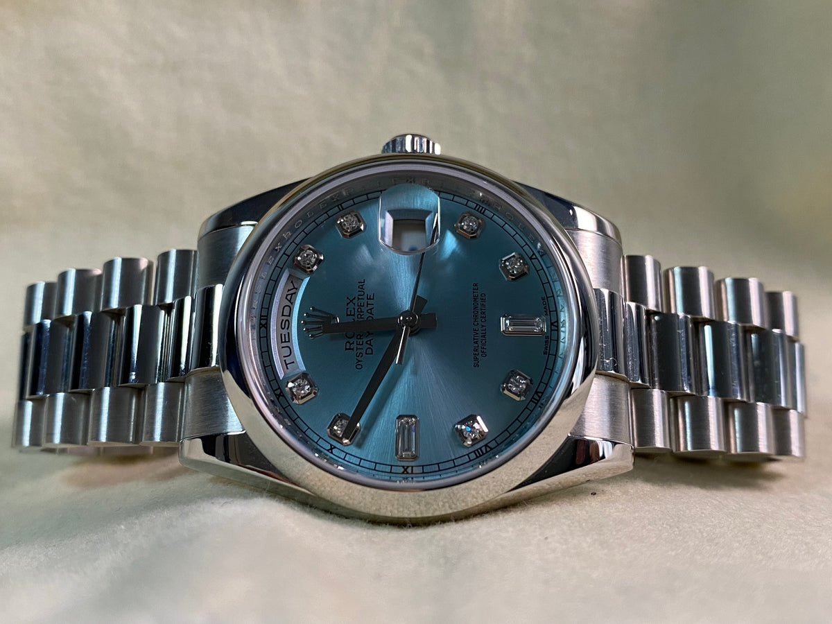 Rolex Platinum Day-Date 36 - M serial - Domed Bezel - Ice Blue Diamond Dial - President Bracelet - 118206 *UNPOLISHED*