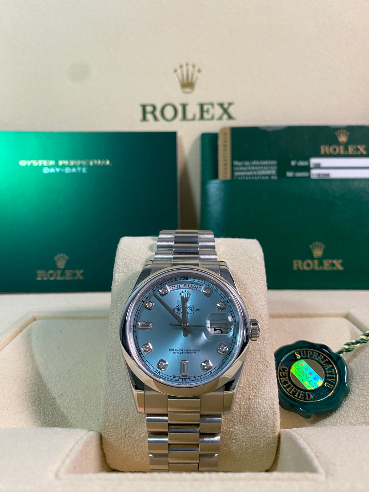 Rolex Platinum Day-Date 36 - M serial - Domed Bezel - Ice Blue Diamond Dial - President Bracelet - 118206 *UNPOLISHED*