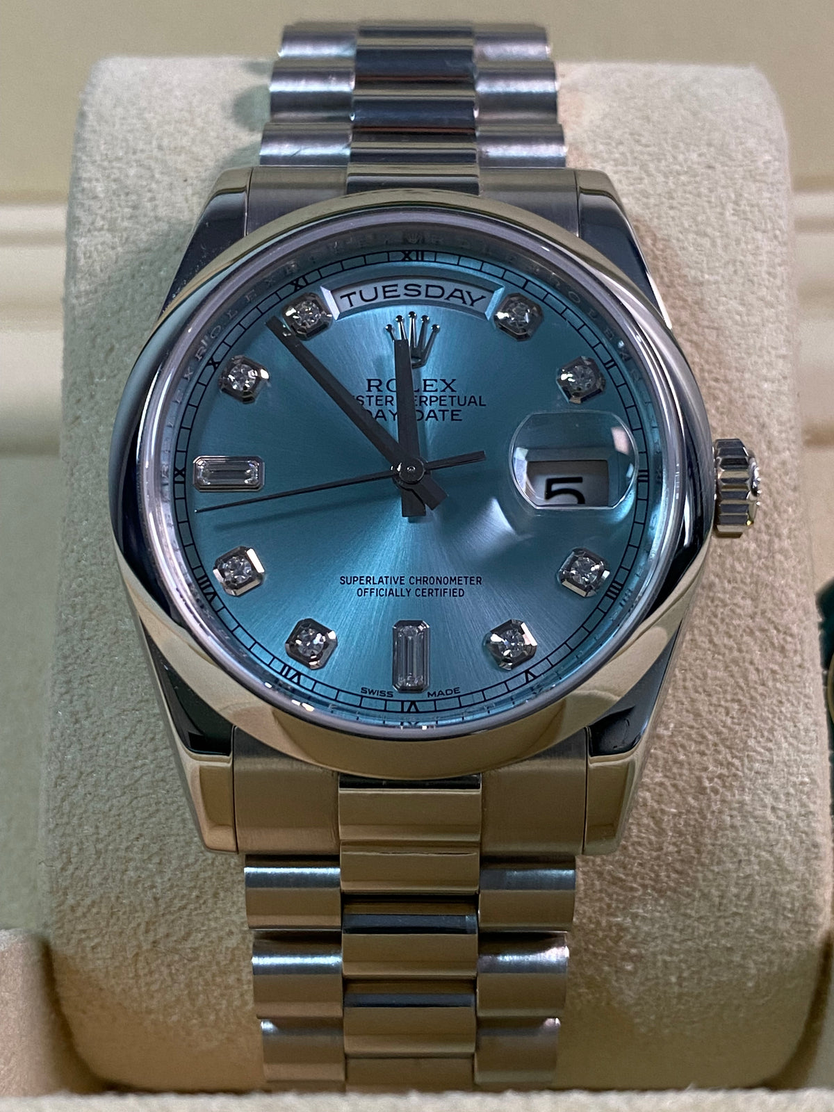 Rolex Platinum Day-Date 36 - M serial - Domed Bezel - Ice Blue Diamond Dial - President Bracelet - 118206 *UNPOLISHED*