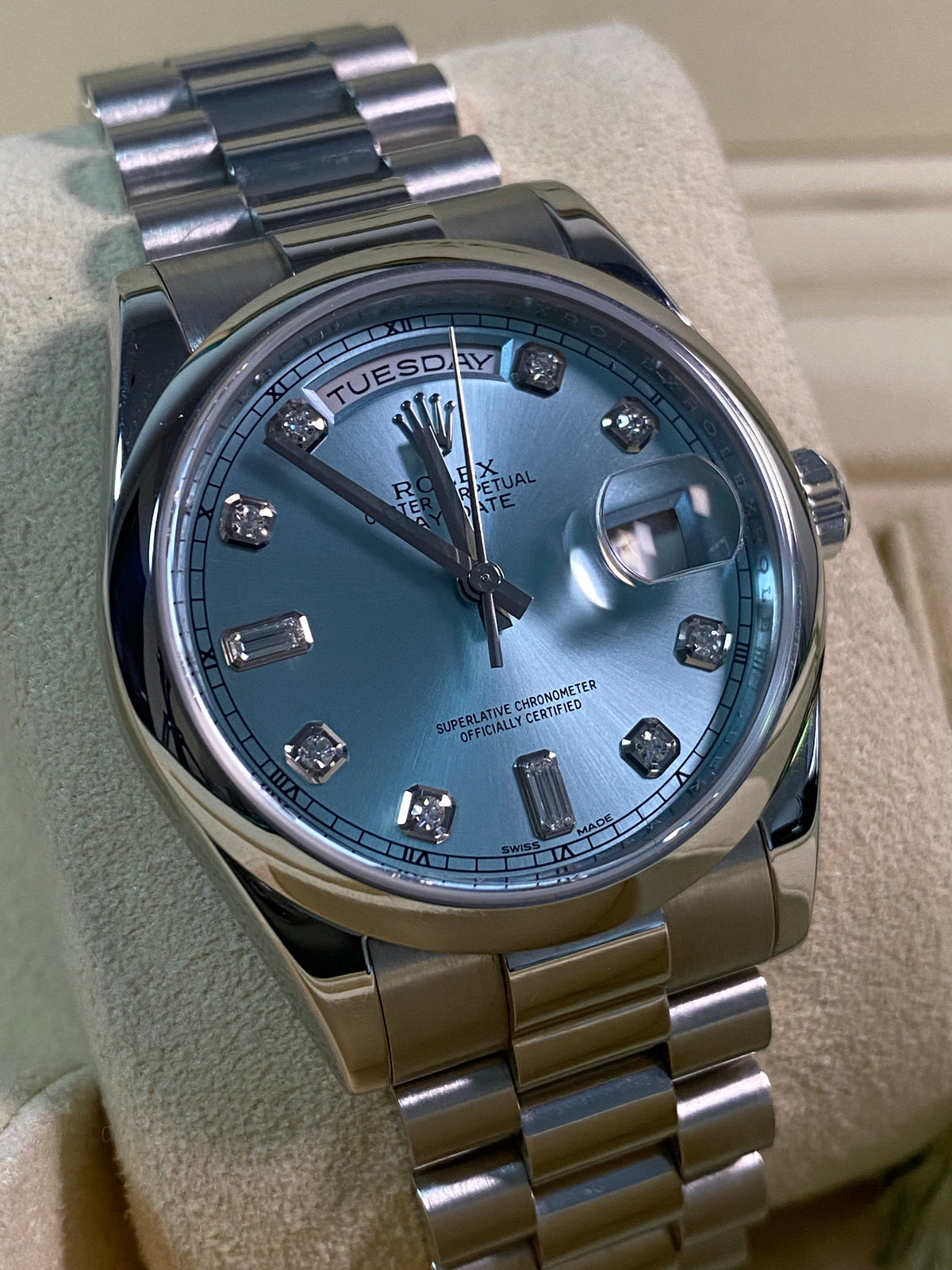 Rolex Platinum Day-Date 36 - M serial - Domed Bezel - Ice Blue Diamond Dial - President Bracelet - 118206 *UNPOLISHED*