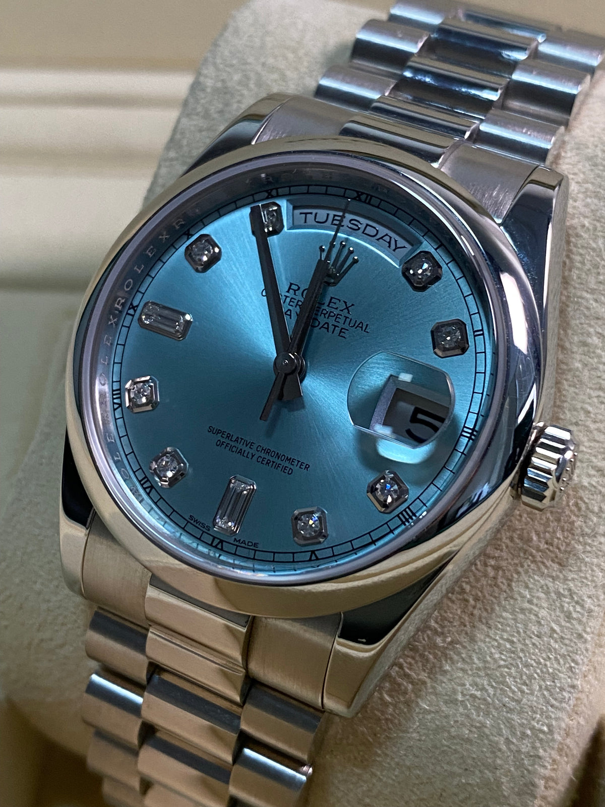 Rolex Platinum Day-Date 36 - M serial - Domed Bezel - Ice Blue Diamond Dial - President Bracelet - 118206 *UNPOLISHED*