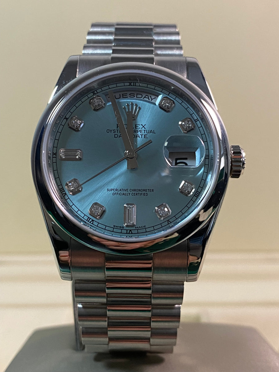 Rolex Platinum Day-Date 36 - M serial - Domed Bezel - Ice Blue Diamond Dial - President Bracelet - 118206 *UNPOLISHED*