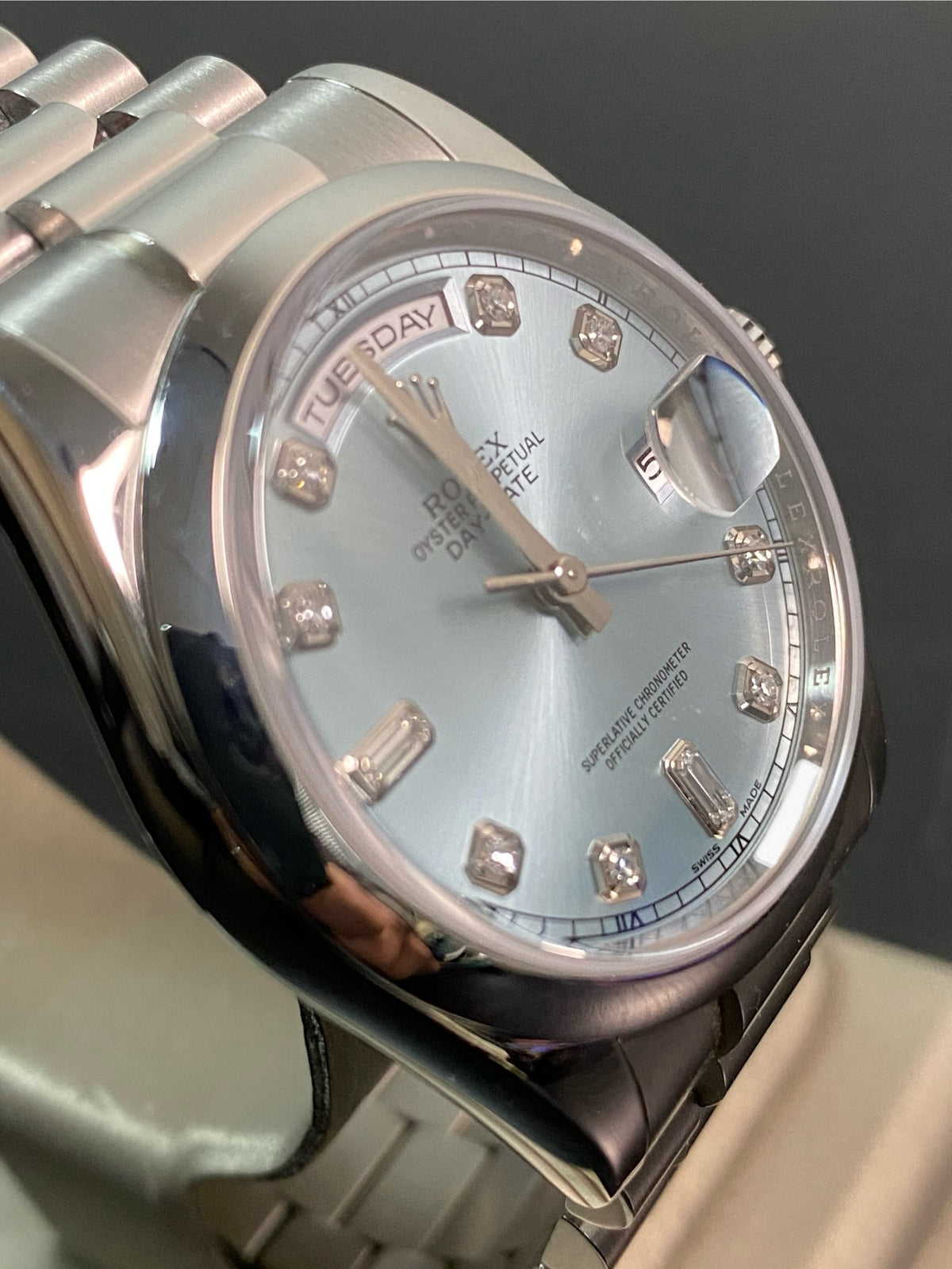 Rolex Platinum Day-Date 36 - M serial - Domed Bezel - Ice Blue Diamond Dial - President Bracelet - 118206 *UNPOLISHED*