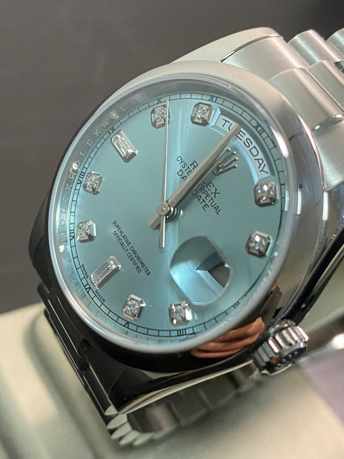 Rolex Platinum Day-Date 36 - M serial - Domed Bezel - Ice Blue Diamond Dial - President Bracelet - 118206 *UNPOLISHED*