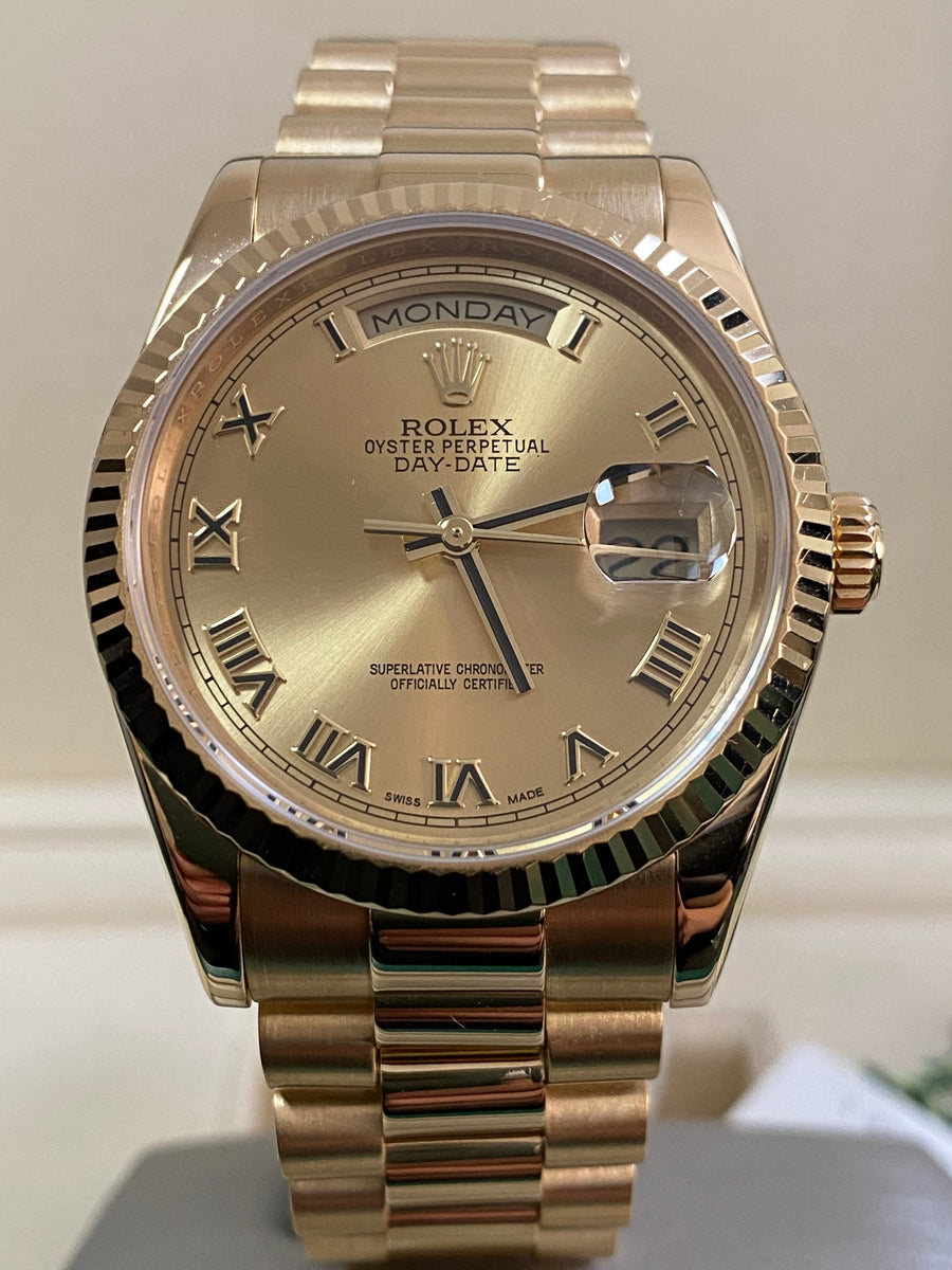 Rolex Yellow Gold Day-Date 36 - 2021 - Fluted Bezel - Champagne Roman Dial - President Bracelet - 118238 *NEW STYLE CARD*