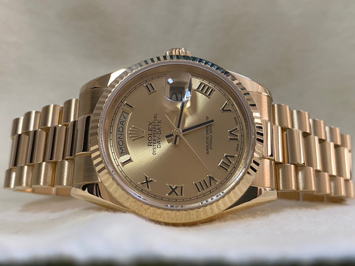 Rolex Yellow Gold Day-Date 36 - 2021 - Fluted Bezel - Champagne Roman Dial - President Bracelet - 118238 *NEW STYLE CARD*